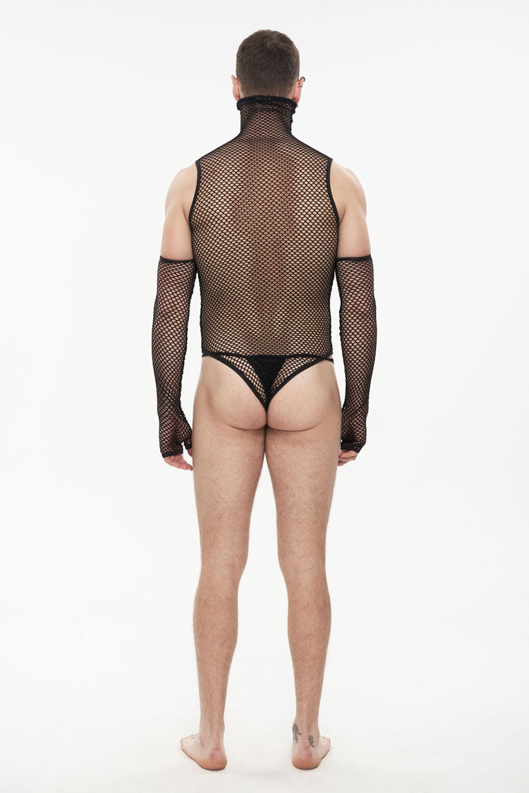 Black Transparent Mesh Super High Collar Masked Glove Thong Punk Onesie