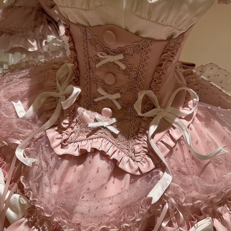 [order Deadline: May 12] Pink White Sweet Lolita Idol Ribbon Puff Sleeve Shirt + Corset Tulle Pull-up Jks Dress Set