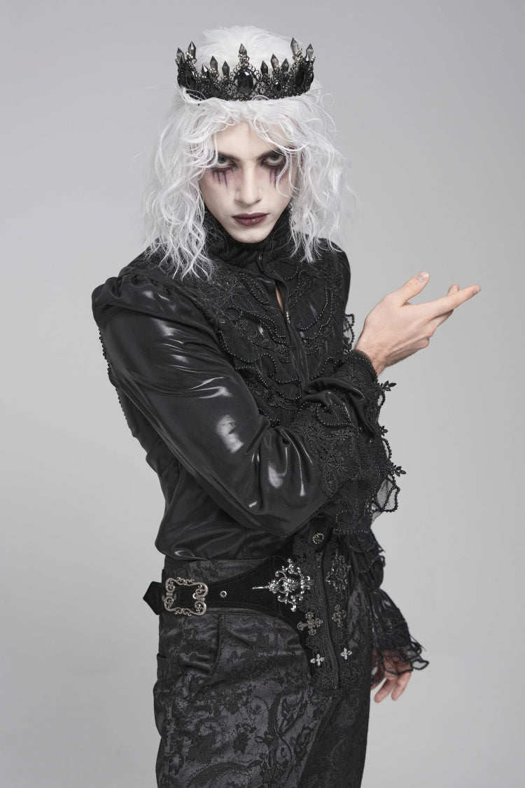 Black Stand Collar Long Puff Sleeves Embroidery Stitching Lace Gothic Blouse