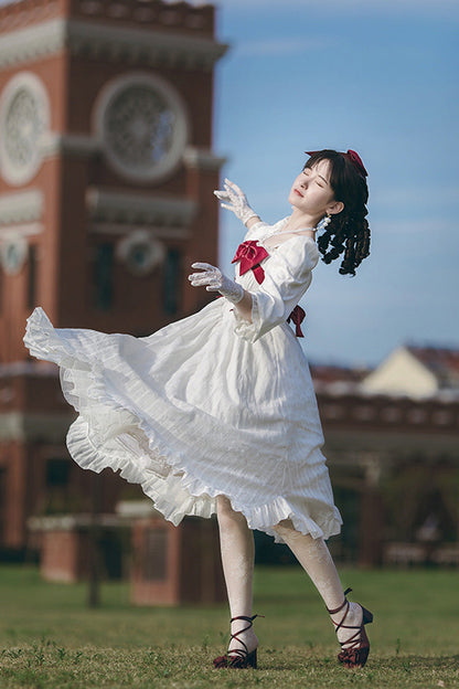 White Roman Covenant Boat Neck Long Sleeves Ruffle Classic Lolita Dress