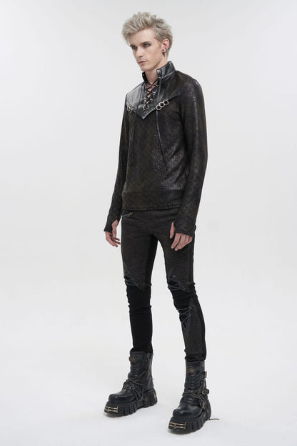 Black Stand Collar Long Sleeves Faux Leather Splice Gothic Shirt