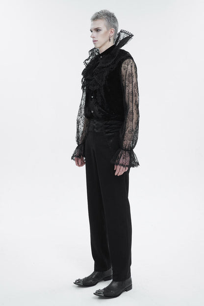 Black Lotus Leaf Stand Collar Semitransparent Lace Long Sleeved Gothic Shirt