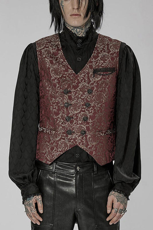 Red Punk V Neck Asymmetrical Relief Sculpture Jacquard Double Row Hand Seam Button Vest