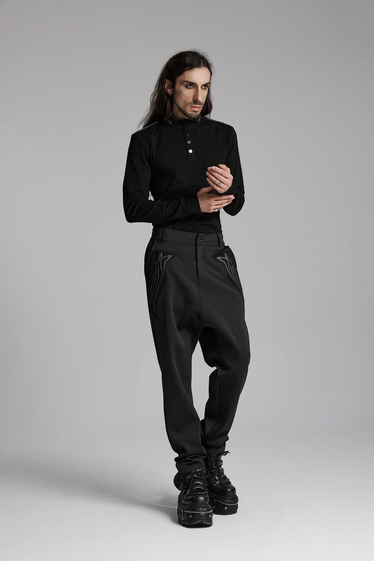 Black Stand Collar Long Sleeves Punk Military T-shirt