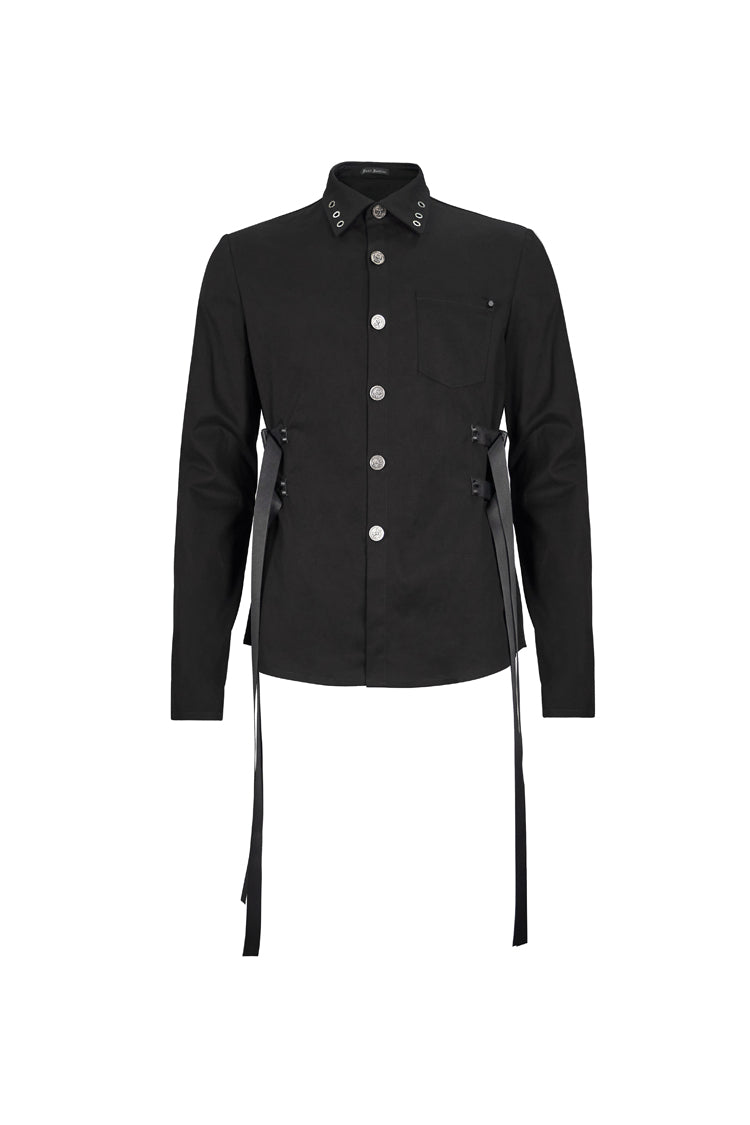 Black Nylon Strap Metal Buckle Decoration Long Sleeve Elasticity Punk Shirt