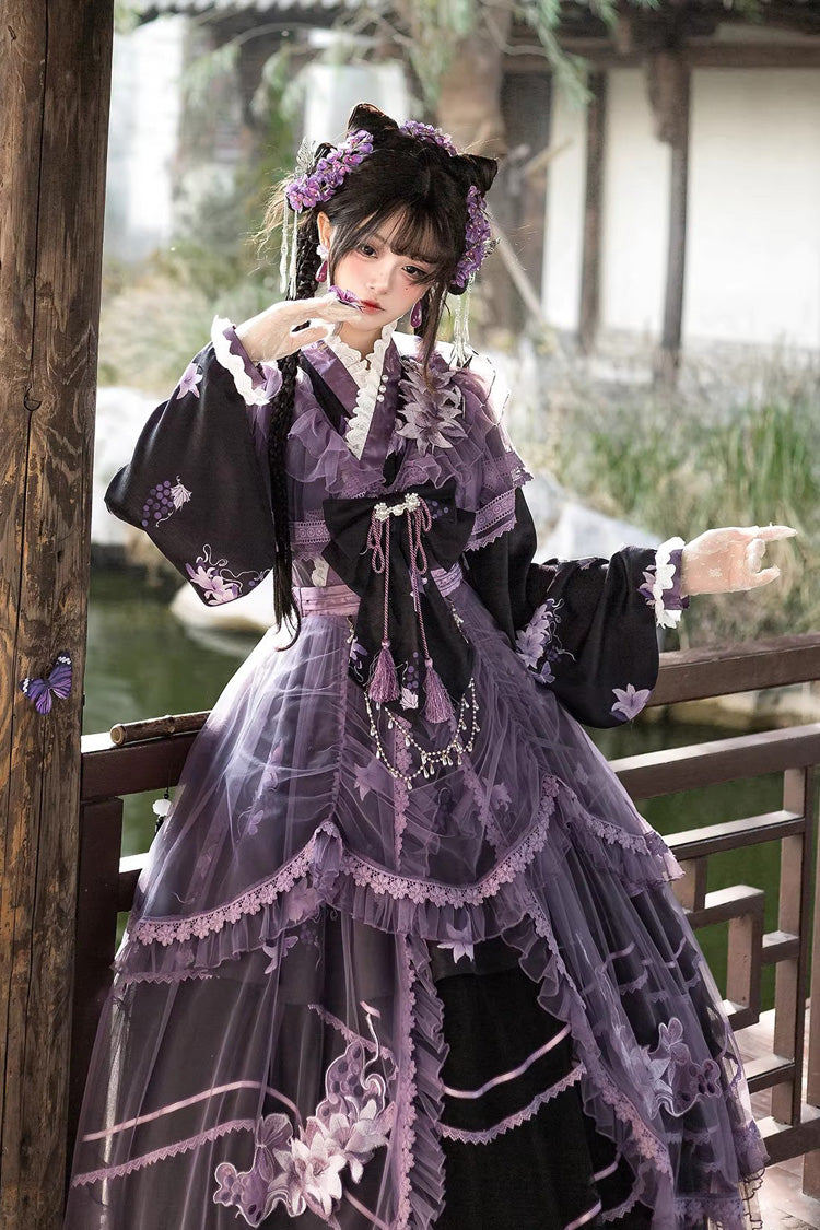 Purple [violet Gauze Lily] Stand Collar Long Sleeves Ruffled Embroidered Bow Classic Chinese Style Lolita Dress Set