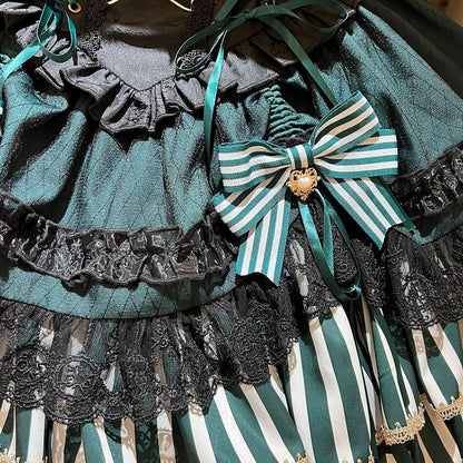 [pre-order Deadline: May 20] Magical Girl Lolita Lace Puff Sleeve Shirt + Black X Green Ribbon Corset Tiered Dress + Mini Hat