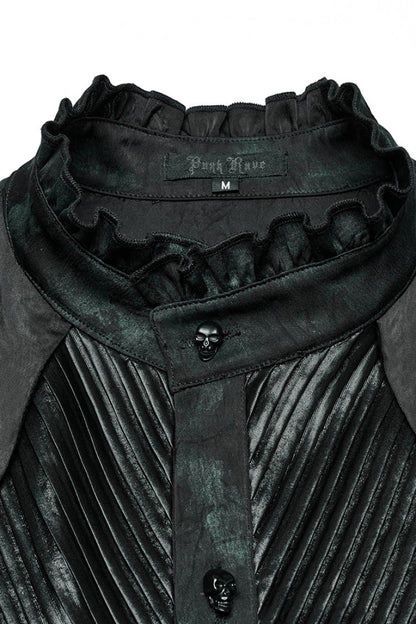 Black/green Stand Collar Long Sleeves Ruffle Pleated Gothic Blouse