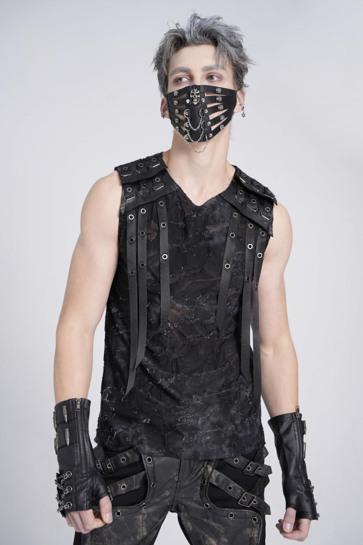 Black Sleeveless Eyelet Strap Distressed Gothic Vest