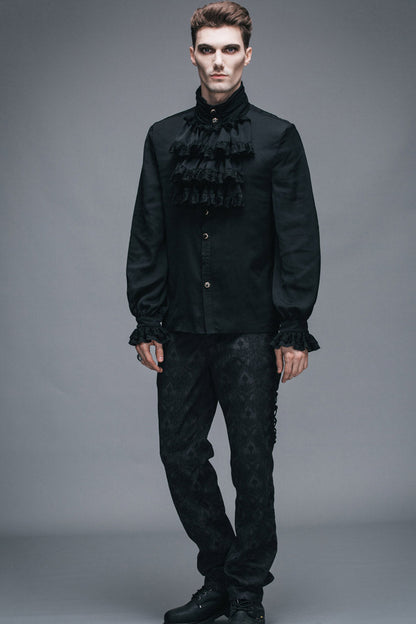 Black Ruffled Lace Button-up Micro-bullet Chiffon Long Sleeve Gothic Shirt