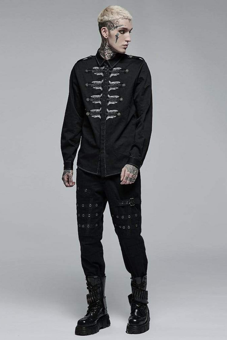 Black Lapel Collar Long Sleeves Skull Print Embroidery Steampunk Blouse