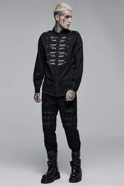Black Lapel Collar Long Sleeves Skull Print Embroidery Steampunk Blouse
