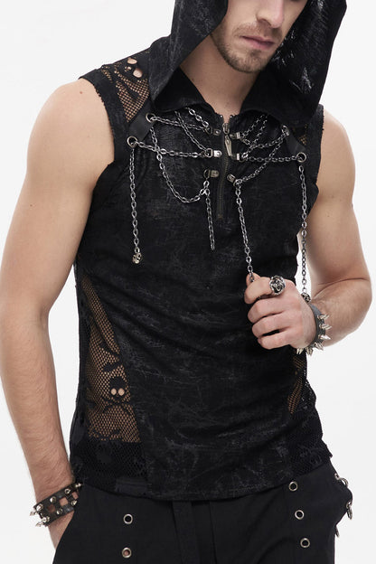 Black Skull Hollowed Out Print Stitched Sleeveless Chain Hoodie Punk Shirt