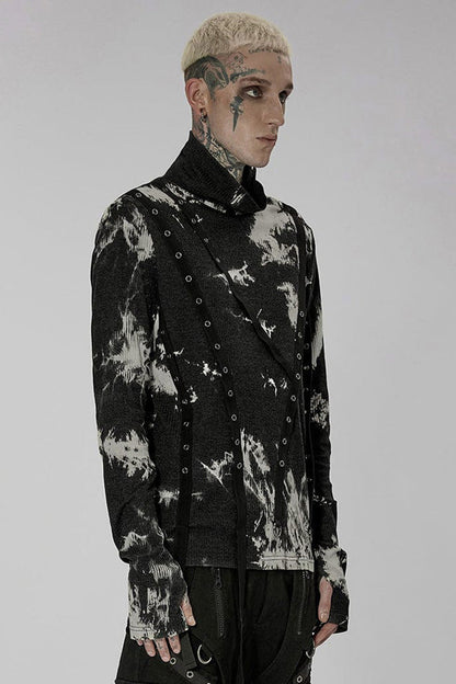 Black/white Punk Asymmetric Metal Buckle Side Button Tie Dye High Neck Basic Long Sleeve Shirt
