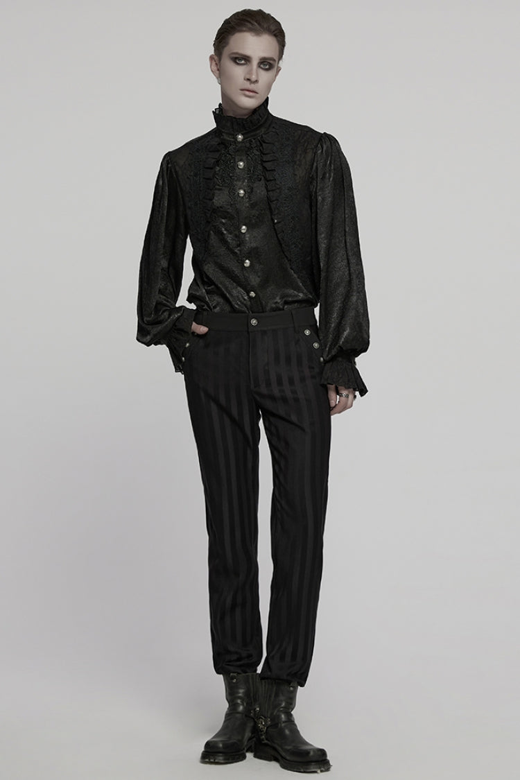 Black Stand Collar Long Puff Sleeves Jacquard Ruffle Embroidery Gothic Blouse