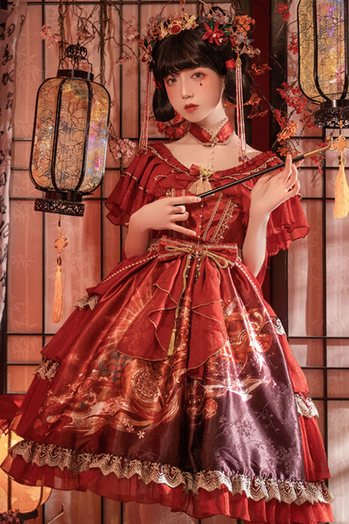 Round Collar Ruffled Short Sleeves Print High Waist Classic Lolita Dress