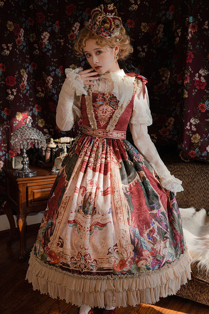 Red [kaleidoscope of Dreams] Sleeveless Double-layered Print Embroidery Bowknot Classic Lolita Jsk Dress
