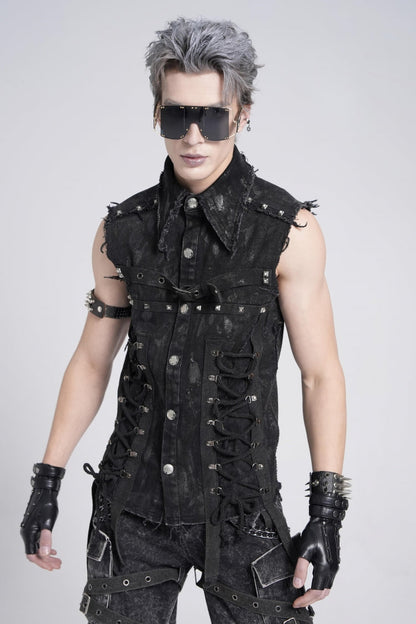 Black Sleeveless Studded Lace-up Gothic Distressed Vest