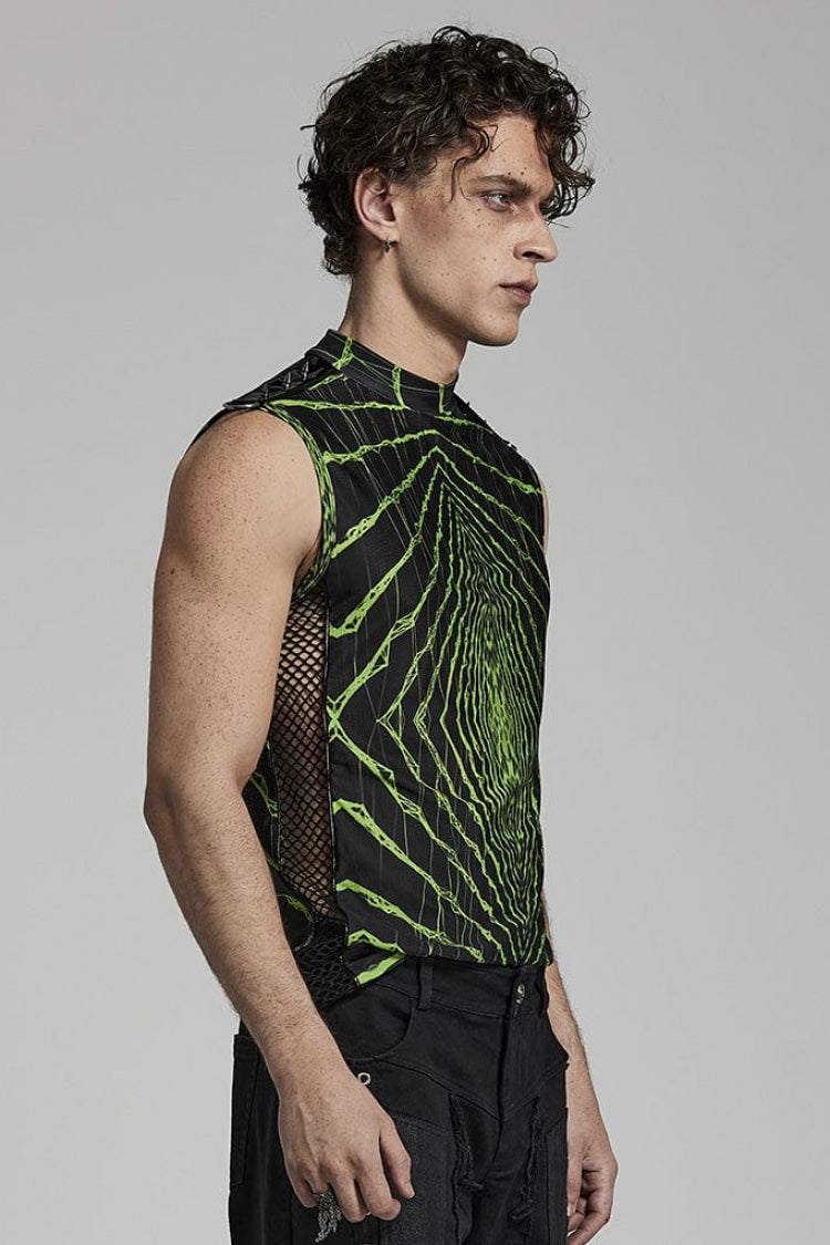Halo Print Sleeveless Stitching Mesh Rivets Steampunk T-shirt 2 Colors