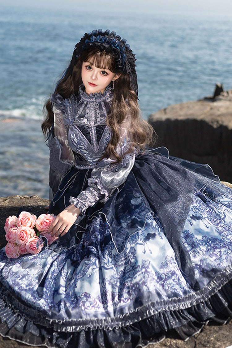 Blue [angel Garden] Print Ruffle Bowknot Asymmetric Classic Lolita Jsk Dress