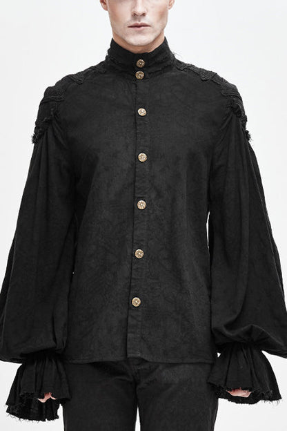 Black Straight Collar Puff Sleeve Jacquard Punk Blouse