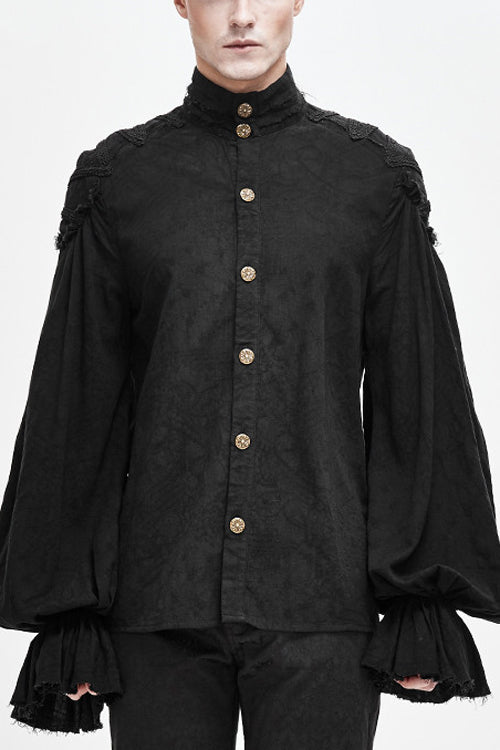 Black Straight Collar Puff Sleeve Jacquard Punk Blouse