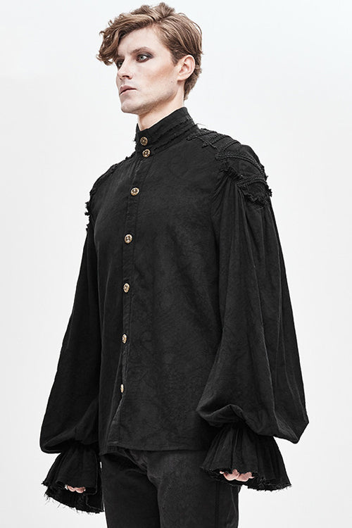 Black Straight Collar Puff Sleeve Jacquard Punk Blouse