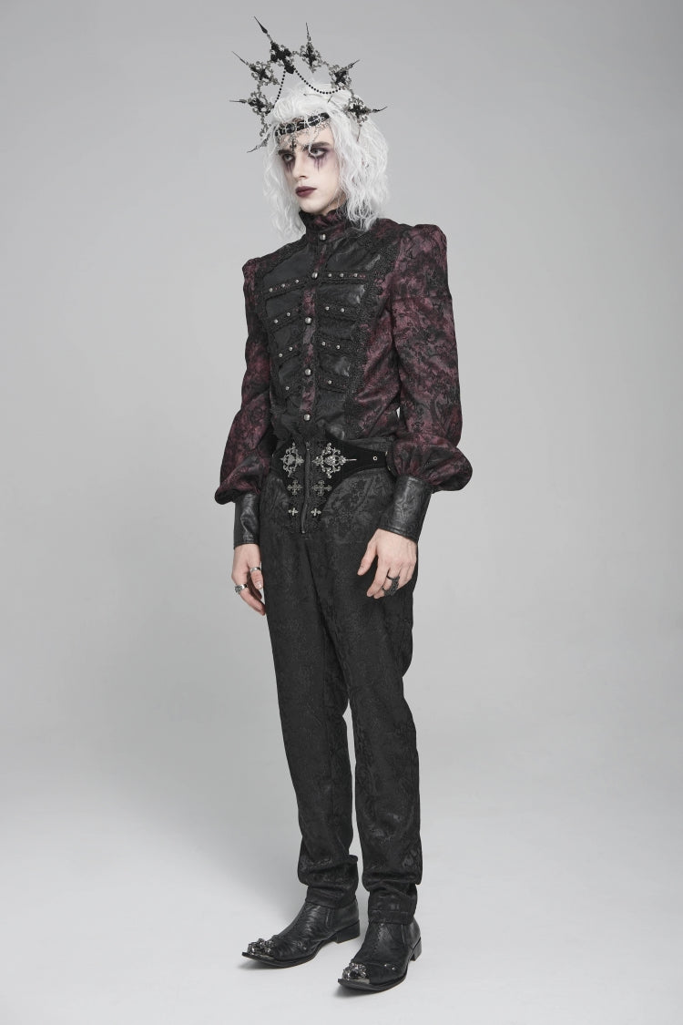 Black/red Stand Collar Long Lantern Sleeves Print Embroidery Gothic Blouse