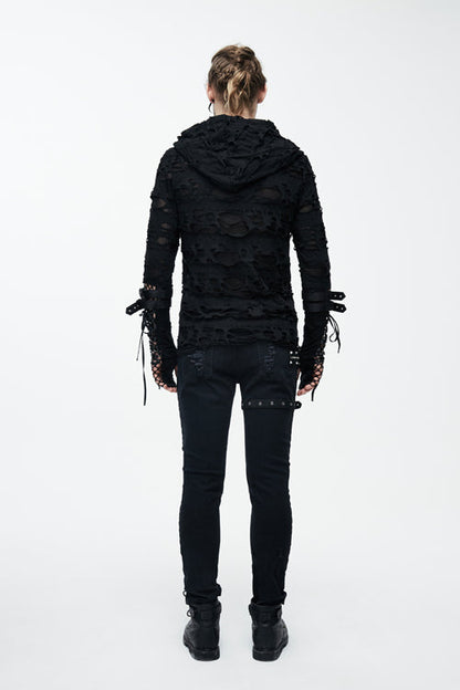 Black Ripped Finger Covered Autumn Hooded Punk T-shirt