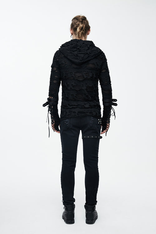 Black Ripped Finger Covered Autumn Hooded Punk T-shirt