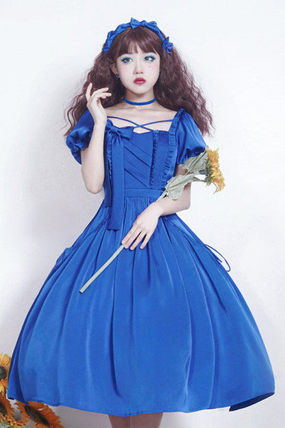 Blue Square Collar Ruffled Puff Short Sleeves High Waisted Classic Lolita Op Dress