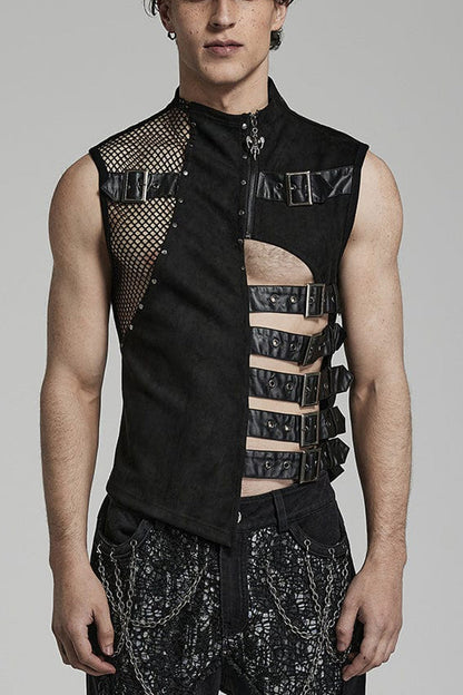Black Sleeveless Hollow Suede Leather Stitching Irregular Gothic Vest