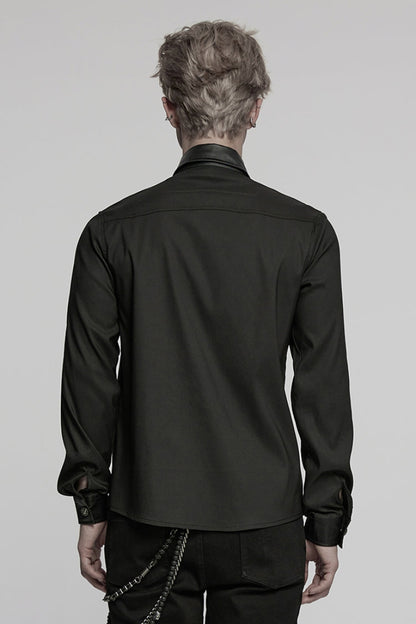 Black Lapel Collar Long Sleeves Faux Leather Stitching Buckle Punk Blouse