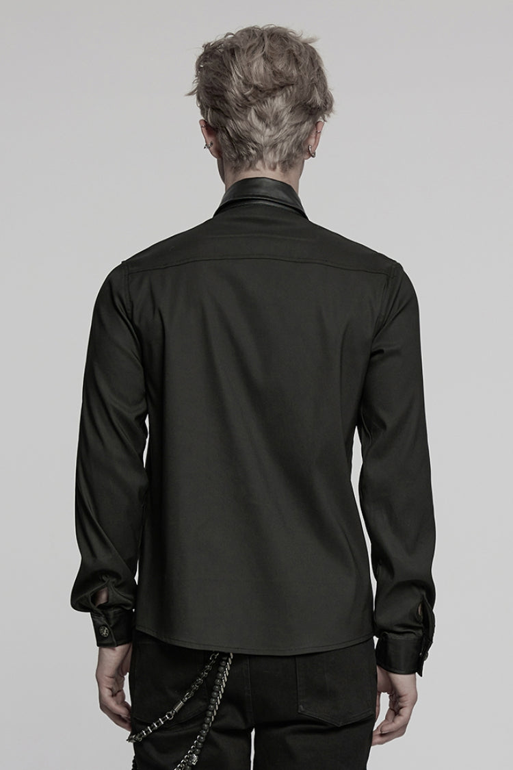 Black Lapel Collar Long Sleeves Faux Leather Stitching Buckle Punk Blouse