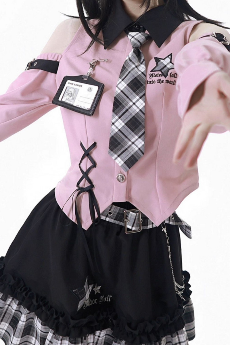 Off Shoulder Shirt + Plaid Skirt + Badge
