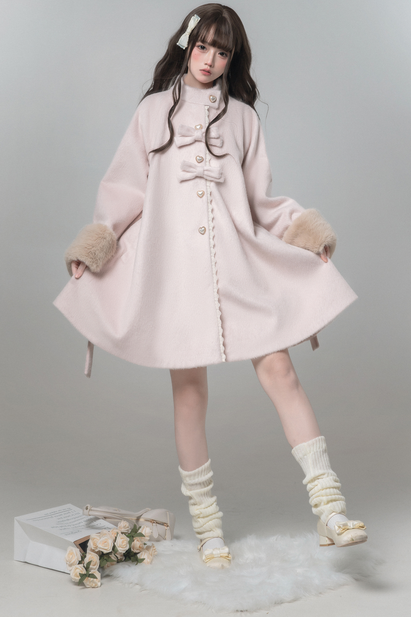 Sweet Girly Ribbon Flared Coat + Fur Collar + Shirt + Skirt + Beret