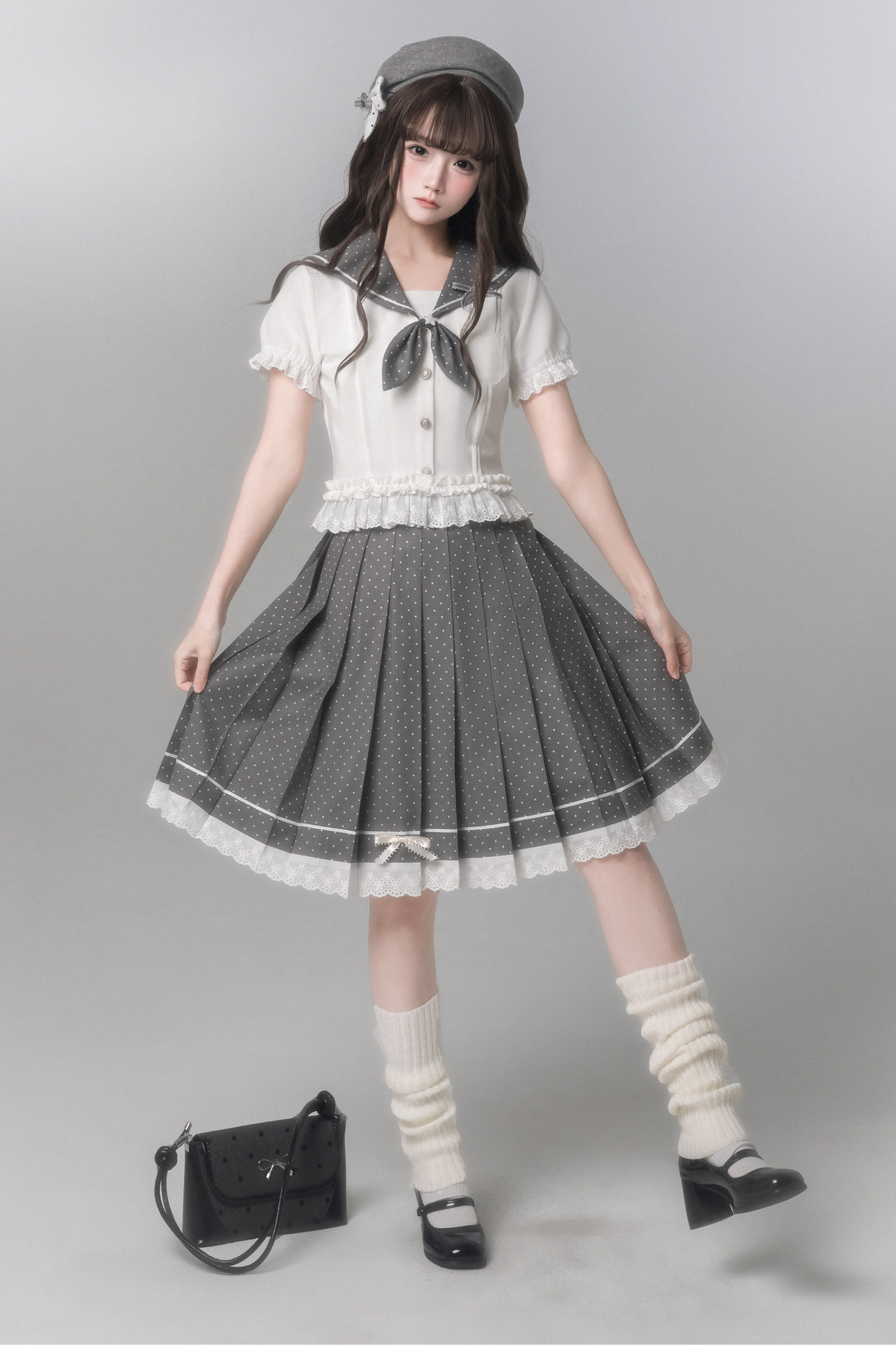 Sweet College Style Top + Polka Dot Pleated Skirt + Bow Tie