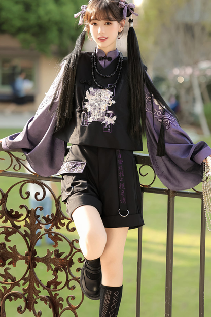 Dark Chinese-style Top + Vest + Shorts + Necklace