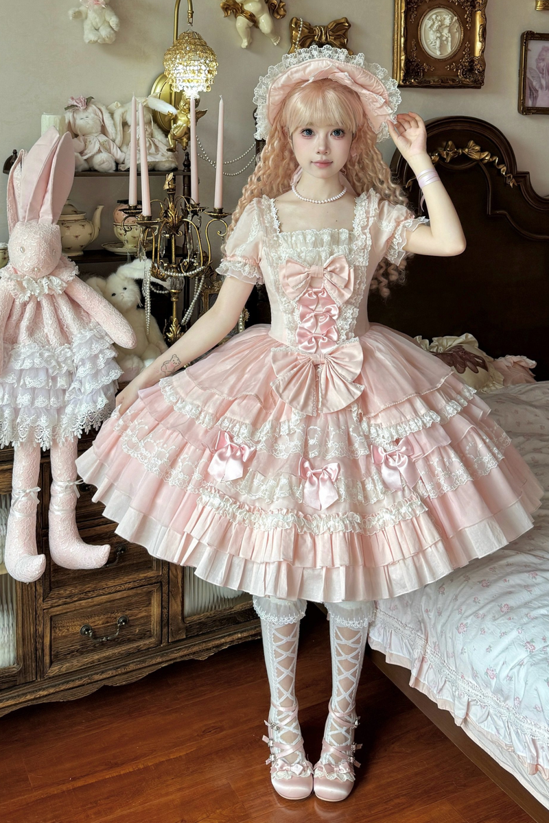 Sweetheart Ruffle Ribbon Lolita Dress + Bnt + Necklace + Princess Sleeve