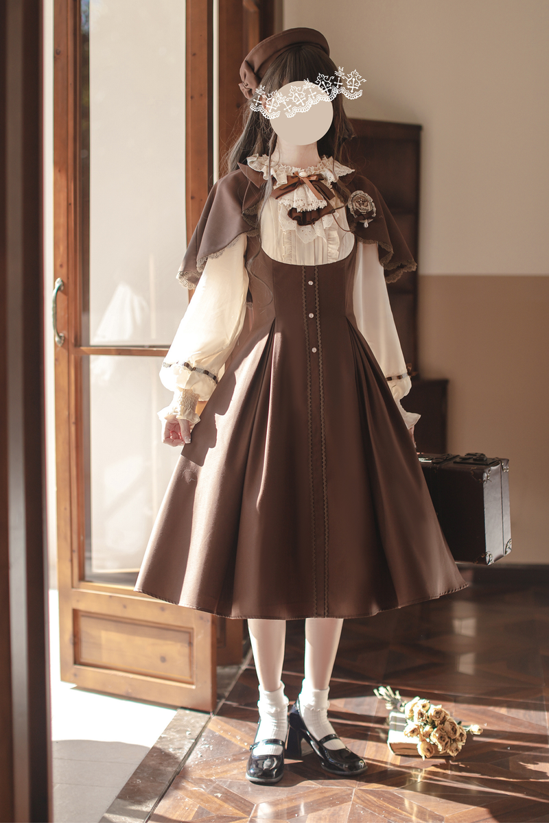 French Brown Lolita Dress + Cape + Beret + Badge