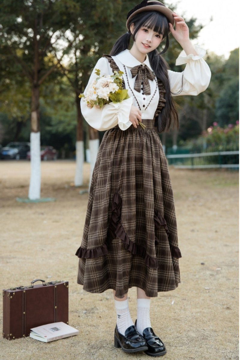 Retro Girly Plaid Skirt + Ruffle Blouse