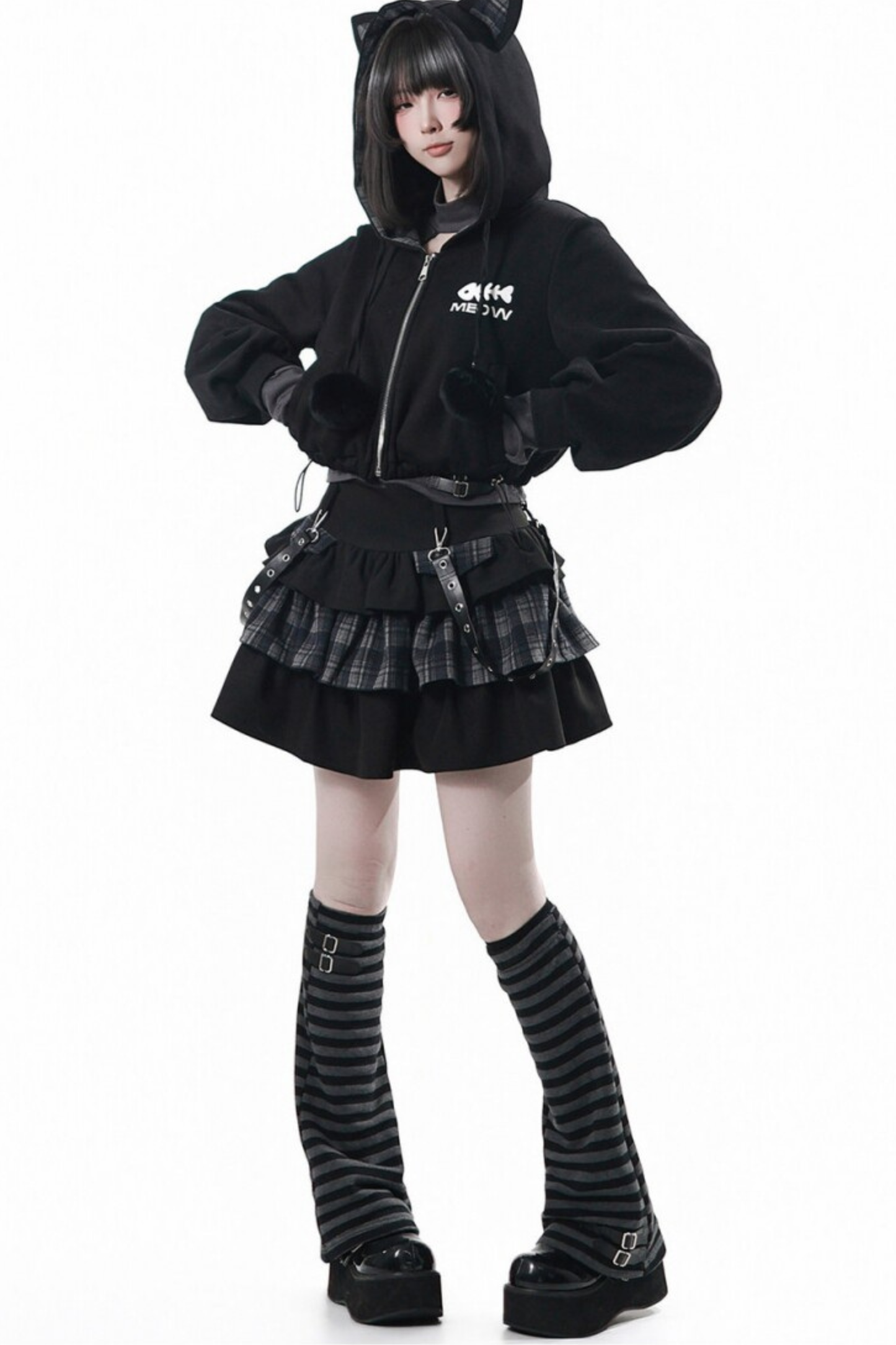 Cat Ear Jacket + Tiered Skirt + Top + Striped Leg Warmers