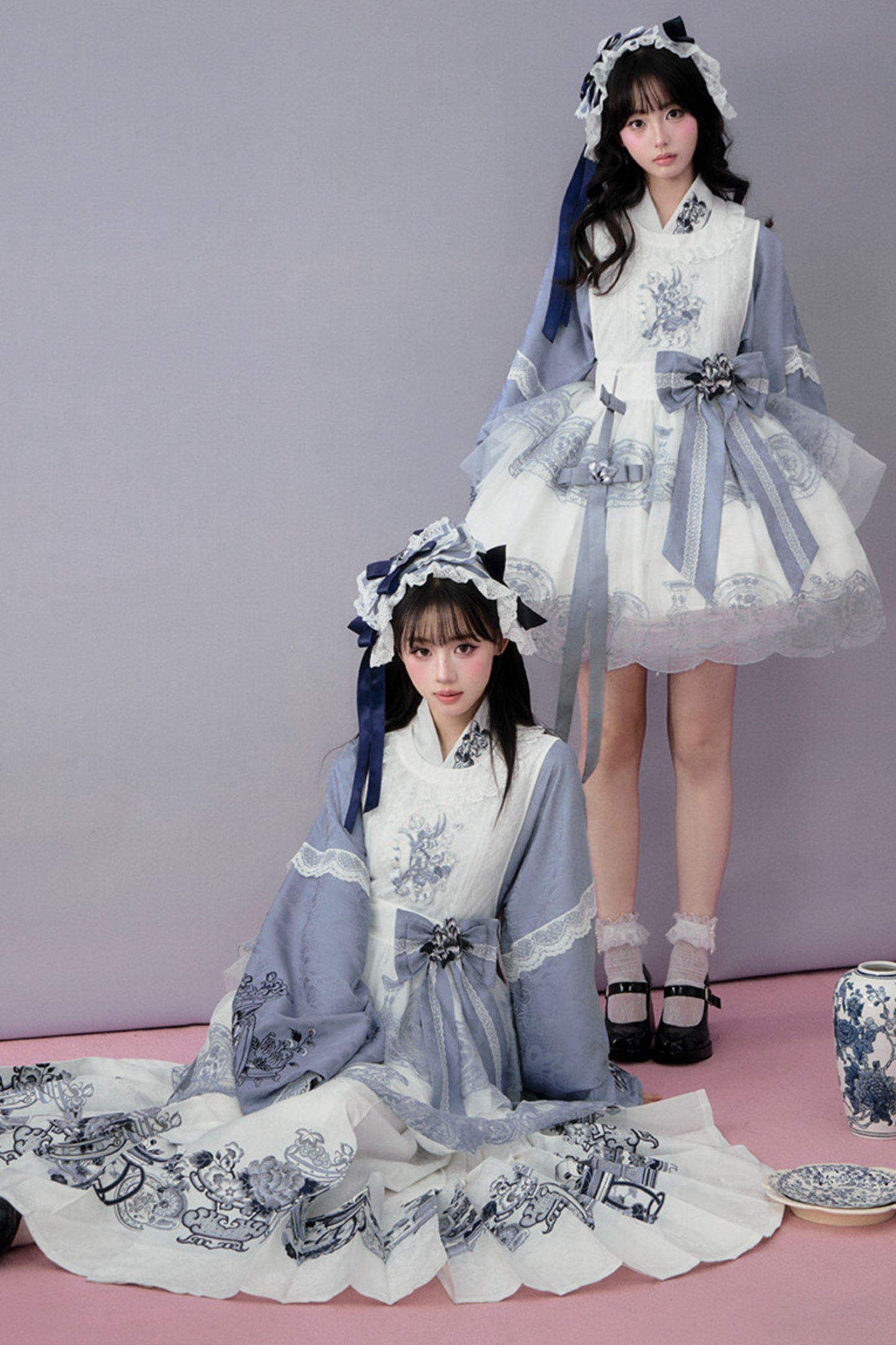 Chinese-style Jacket + Skirt + Overskirt + Ribbon + Brooch + Headband
