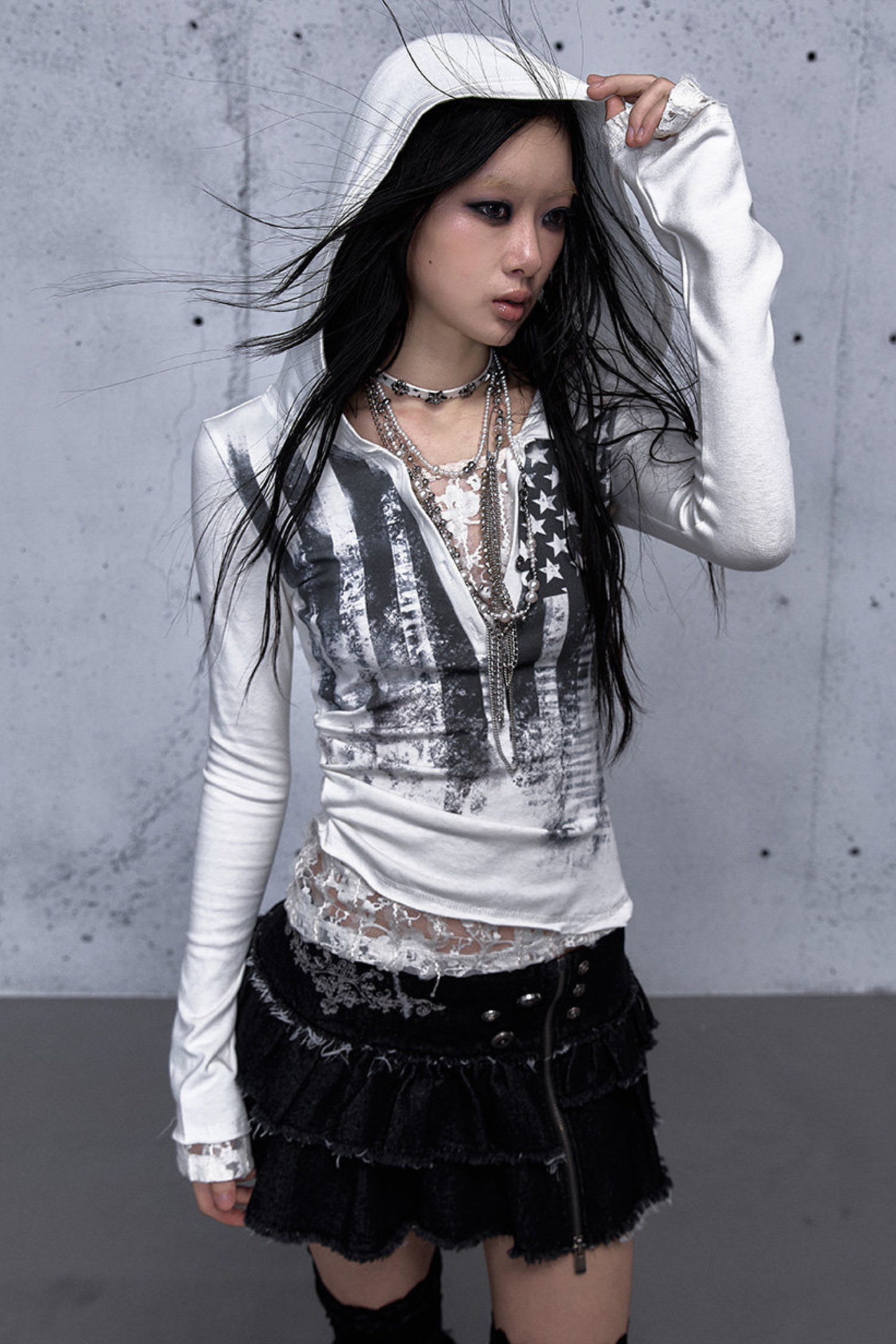 Lace Patchwork Tight Hooded Hoodie