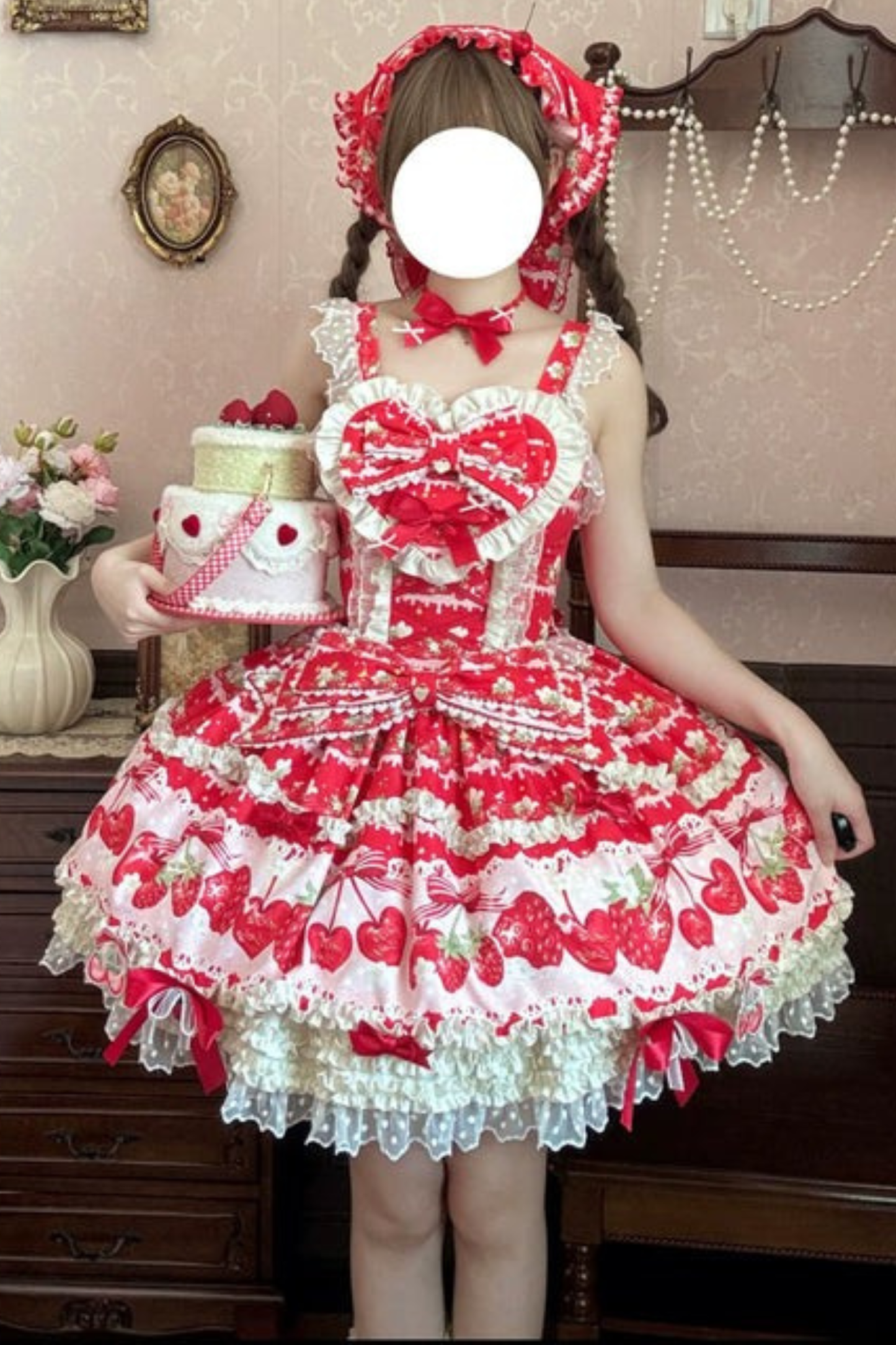 Strawberry Lolita Jumper Skirt + Rabbit Hair Scarf + Big Ribbon + Top + Hat + Bonnet