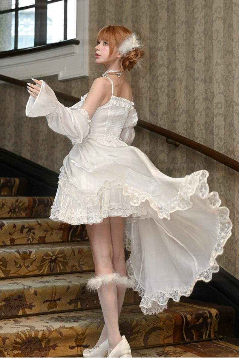 Heavy Shatin Drape Camisole Dress + Lace Asymmetric Shawl
