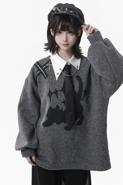 Gray Winter Preppy College Long Top + Short Top + Skirt + Pants + Shirt