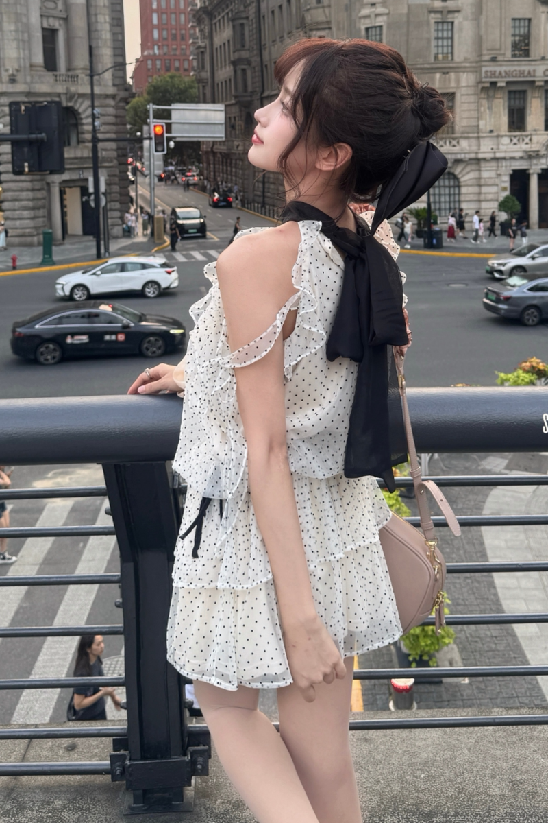 Off Shoulder Polka Dot Ribbon Dress