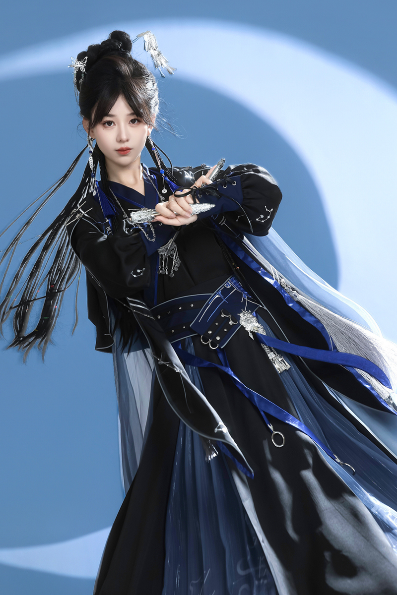 Dark Chinese-style Hooded Top + Belt + Cape + Necklace + Skirt