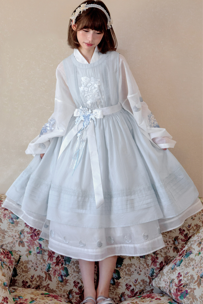 Pure White Chinese Dress + Cover Apron + Belt
